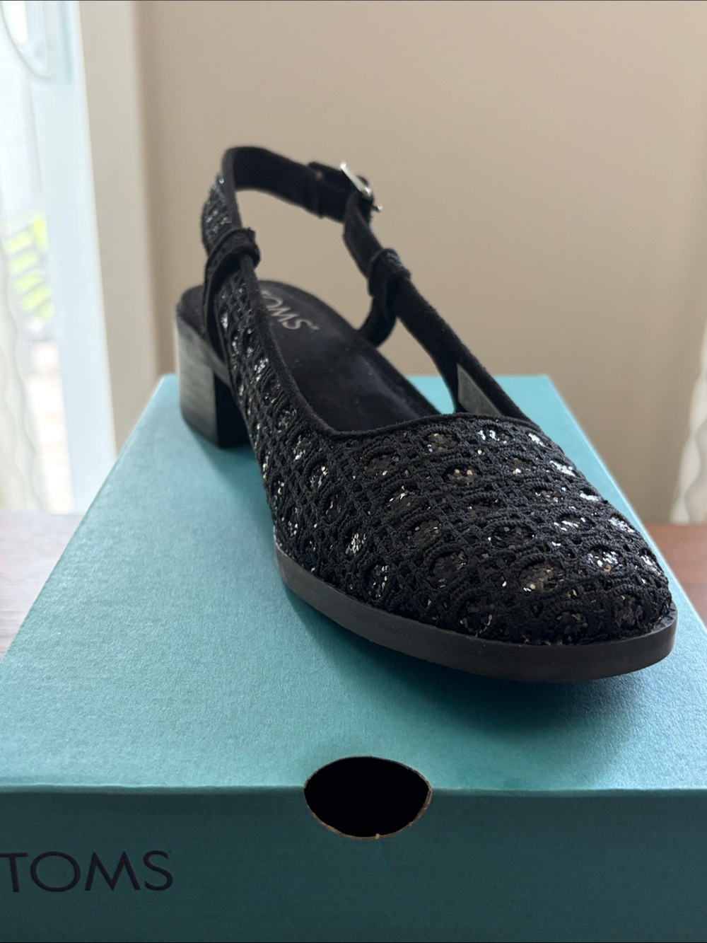 Toms Black Crochet Slingback Block Heel